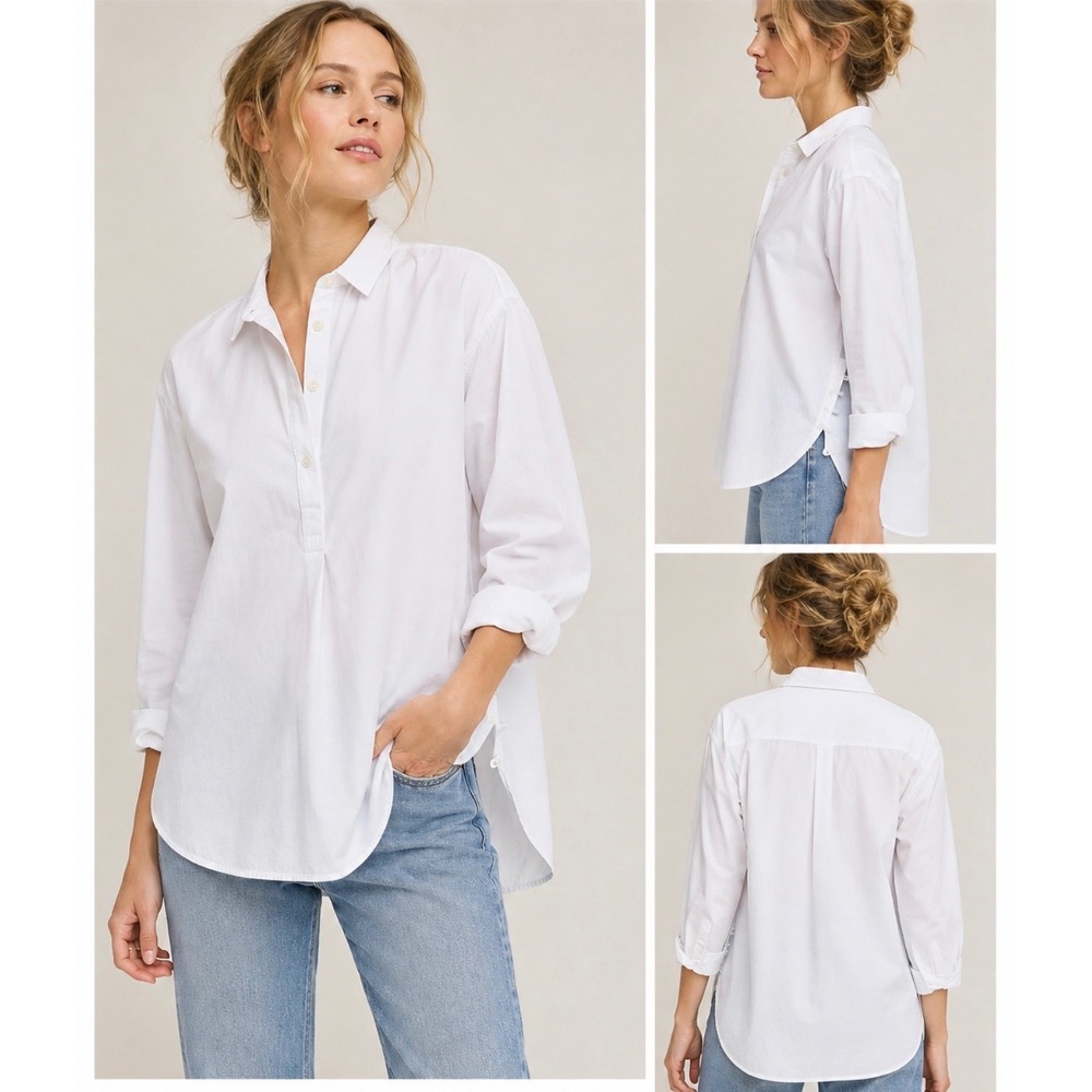Anthropologie White Cotton Button Side Slit Tunic Shirt XS Long Sleeve Poplin